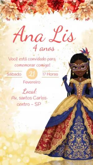 Convite Digital Aniversário Princesa com Máscara para Editar