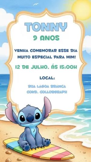 Convite de Aniversário Stitch na Praia para Editar Online