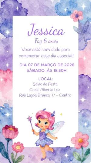 Convite de Aniversário Fada Encantada Aquarela para Editar