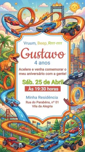 Convite de Aniversário Carros Hotwheels Colorido para Editar