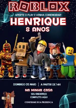 Convite de Aniversário Roblox Digital para Editar e Enviar