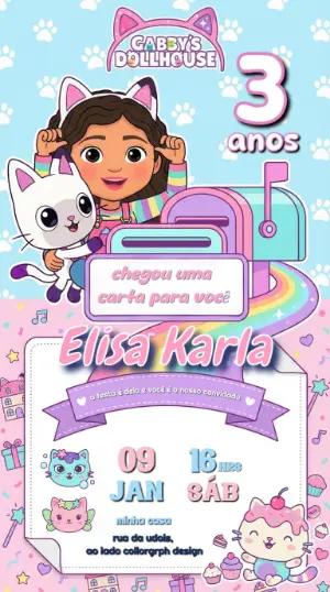 Convite Digital Gabby's Dollhouse em Cores Pastéis para Editar