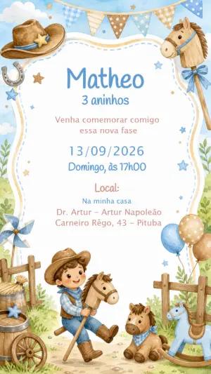 Convite de Aniversário Cavalinho de Pau Aquarela para Editar