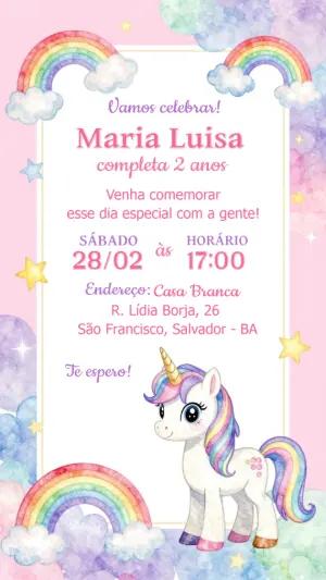 Convite de Aniversário Unicórnio Fofo e Arco-íris Editável