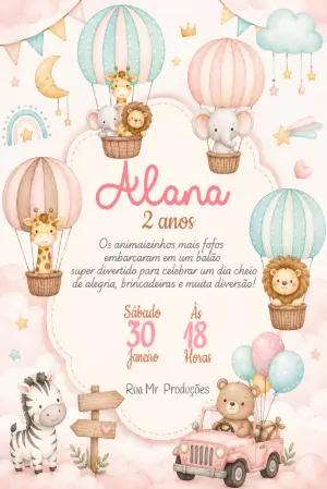 Convite de Aniversário Safari Aquarela com Balões Editável