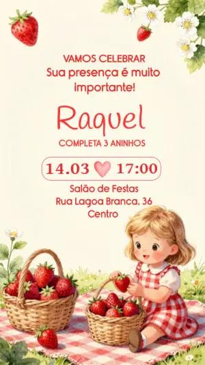 Convite de Aniversário Infantil Moranguinho Piquenique Editável