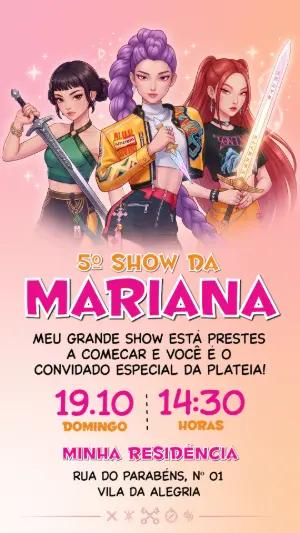 Convite de Aniversário Guerreiras K-pop para Editar