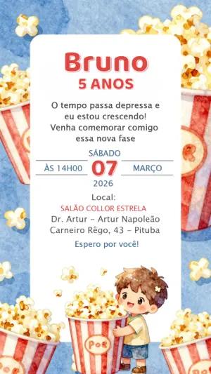 Convite de Aniversário Infantil Tema Pipoca para Editar Online