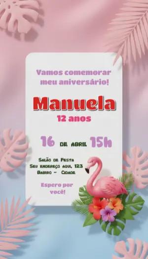 Convite de Aniversário Tropical com Flamingo Rosa Editável