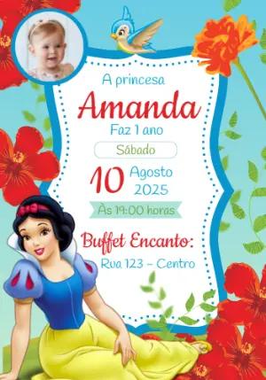 Convite de Aniversário Branca de Neve Floral com Foto para Editar