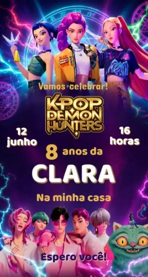 Convite de Aniversário K-Pop Demon Hunters Editável