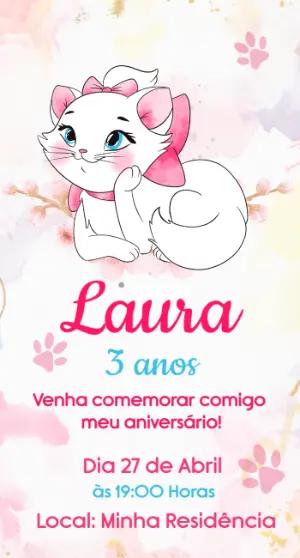 Convite de Aniversário Gata Marie Aquarela para Editar