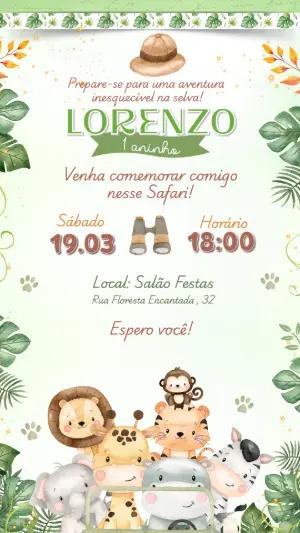 Convite de Aniversário Safari com Animais Fofos para Editar