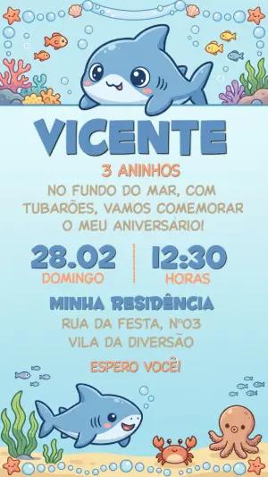Convite de Aniversário Infantil Tubarão Fofo para Editar