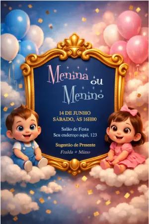 Convite Chá Revelação 3D Fofo Menino ou Menina para Editar