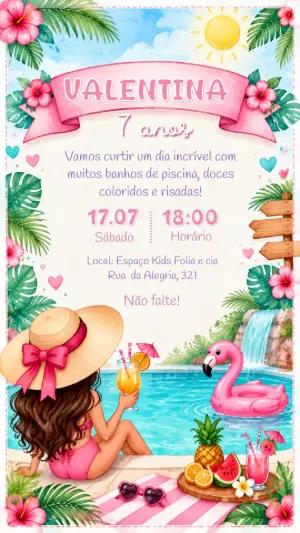 Convite de Aniversário Festa na Piscina Tropical Editável