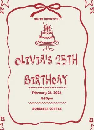 Hand-Drawn Birthday Invitation with Red Ribbon | Editable Template
