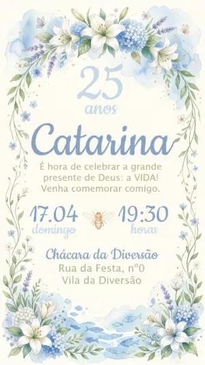 Convite de Aniversário Floral Azul com Lírios Editável