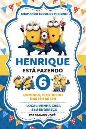 Convite de Aniversário Minions Digital para Editar