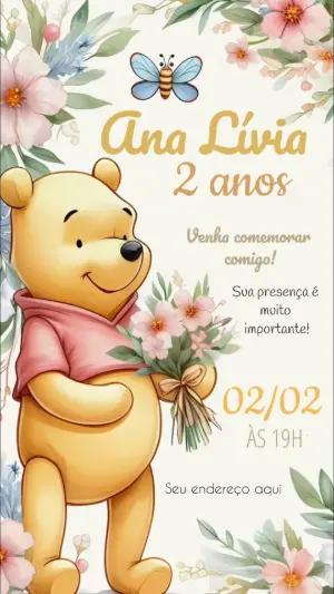 Convite Animado Ursinho Pooh Menina Floral para Editar