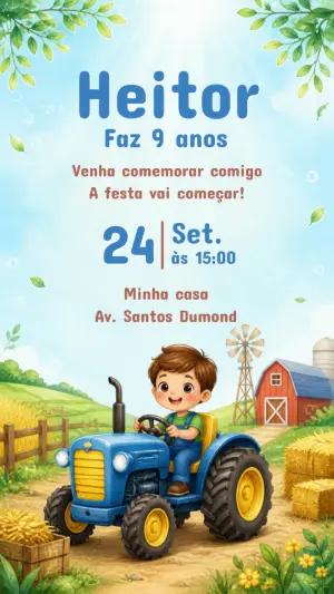 Convite de Aniversário Infantil Trator Fazendinha Editável