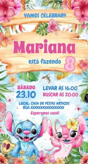 Convite Aniversário Stitch e Angel Tropical para Editar Online