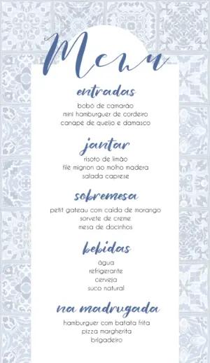 Menu de Casamento Azulejo Azul para Editar Online