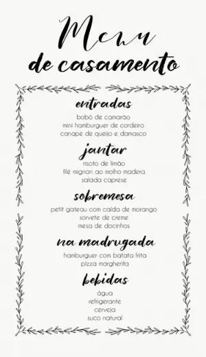 Menu de Casamento Minimalista Preto e Branco para Editar Online