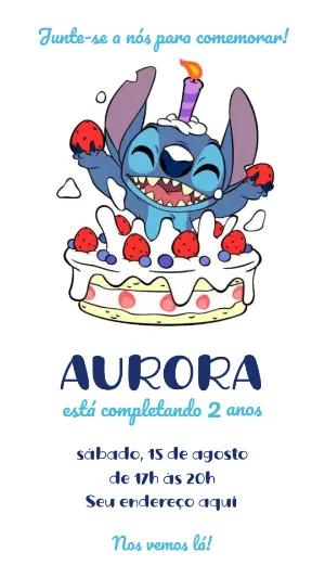 Convite de Aniversário Stitch no Bolo para Editar Online