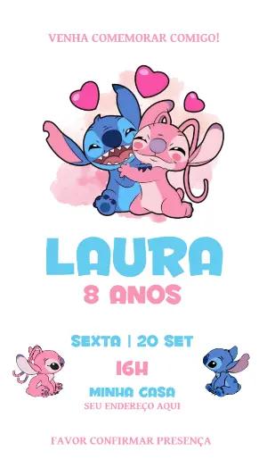 Convite Aniversário Stitch e Angel para Editar Online
