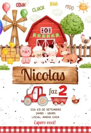 Convite Aniversário Fazendinha com Animais para Editar Online
