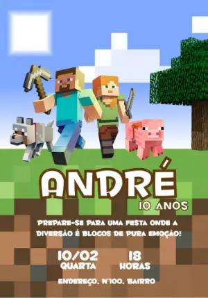 Convite de Aniversário Minecraft com Personagens para Editar