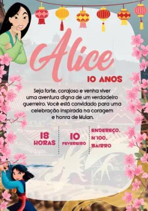 Convite de Aniversário Mulan Editável Online para Imprimir