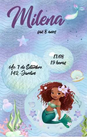 Convite Aniversário Pequena Sereia Morena para Editar Online