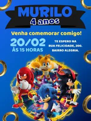 Convite de Aniversário Sonic 3 com Personagens para Editar