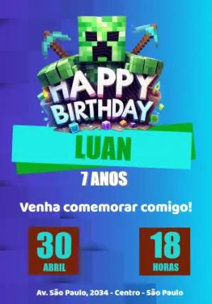 Convite de Aniversário Minecraft com Creeper para Editar Online