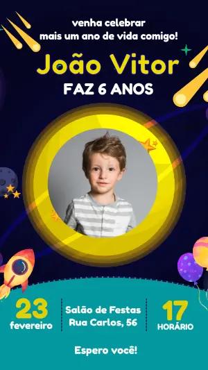 Convite Aniversário Foguete com Foto para Editar Online