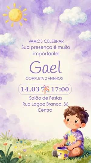 Convite de Aniversário Aquarela Lilás para Menino Editável