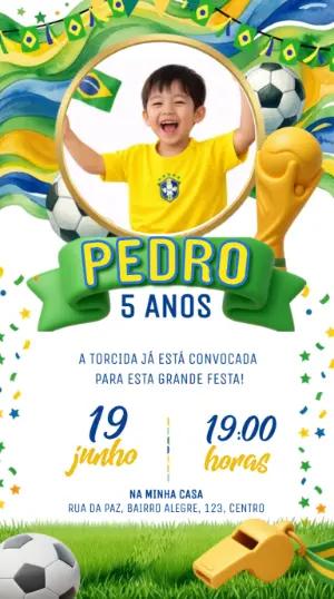 Convite Animado Futebol Brasil com Foto para Aniversário