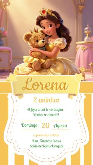 Convite de Aniversário Princesa e Ursinho Modelo Editável