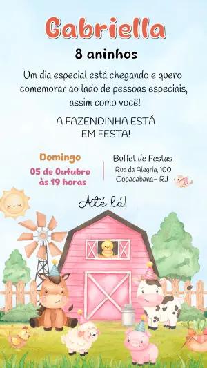 Convite Digital Fazendinha Rosa com Animais Modelo Editável