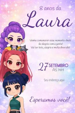Convite de Aniversário K-pop Chibi Guerreiras Editável