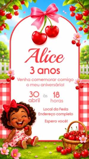 Convite Aniversário Tema Cerejinha Menina Modelo Editável