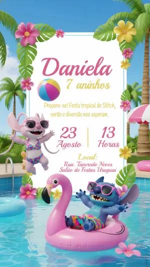 Convite Aniversário Stitch e Angel na Piscina para Editar