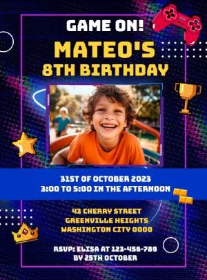 Neon Video Game Birthday Invitation | Editable Template