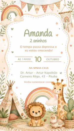 Convite Aniversário Leãozinho e Arco-íris Boho Editável