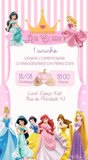 Convite de Aniversário Infantil Princesas da Disney Rosa Editável