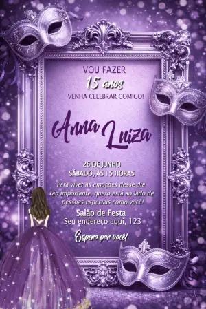 Convite de 15 anos Baile de Máscaras Roxo para Editar