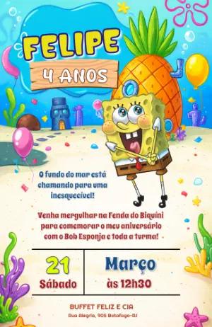 Convite de Aniversário Bob Esponja Infantil Modelo Editável