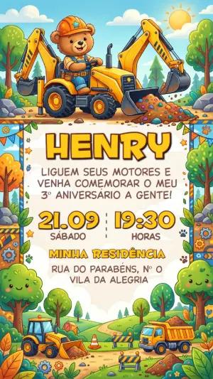 Convite de Aniversário Ursinho Construtor com Trator Editável